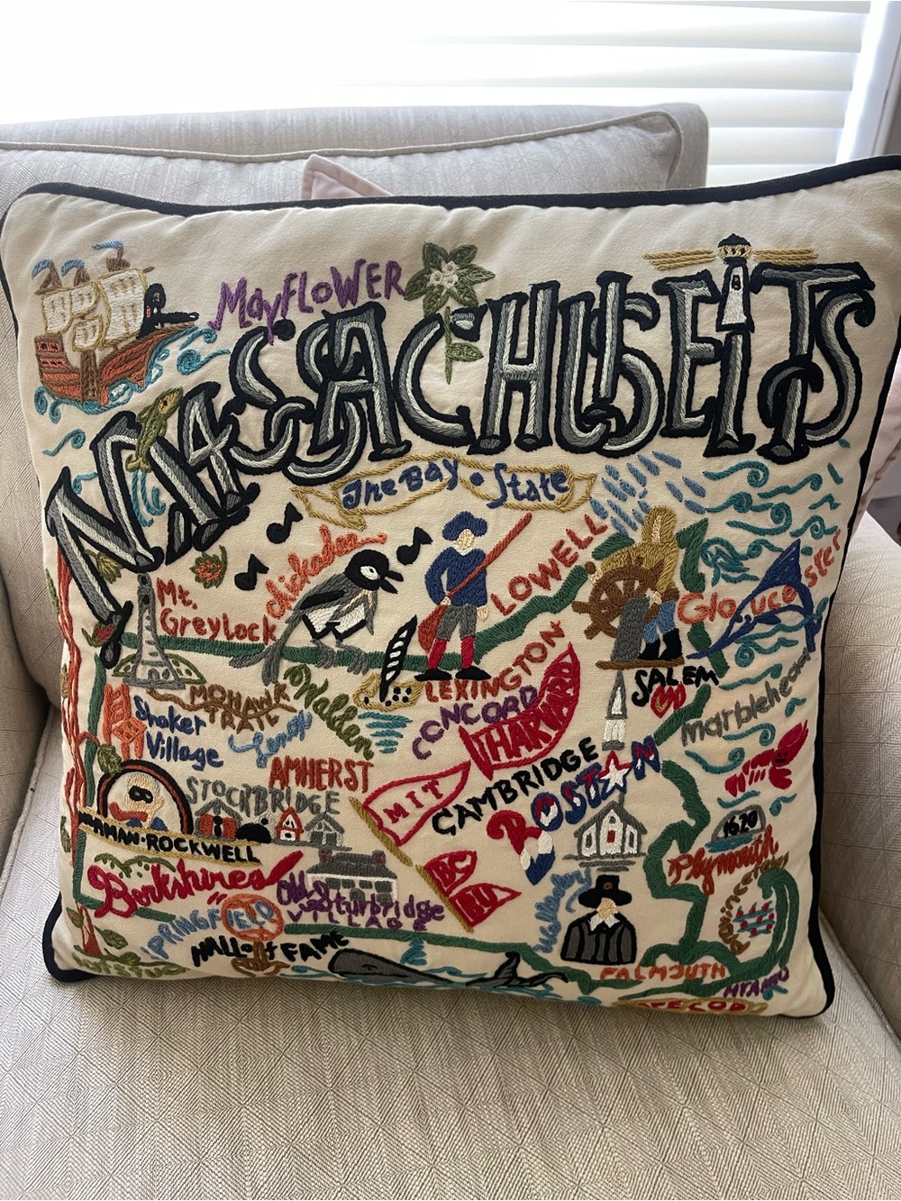 Cat studio Massachusetts Embroidered Decorative Pillow - Cream